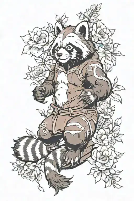 Red Panda Werewolf In Fighting Pose Surrounded By Blooming Flowers