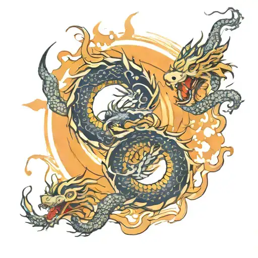 Two Chinese Dragons Around An Orange Sun