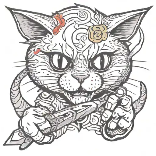 Smoking Cat With A Penknife In Its Paw