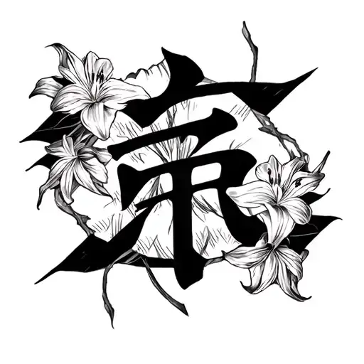 Love Kanji Sybol With A Goth Symbol In Side A Lily