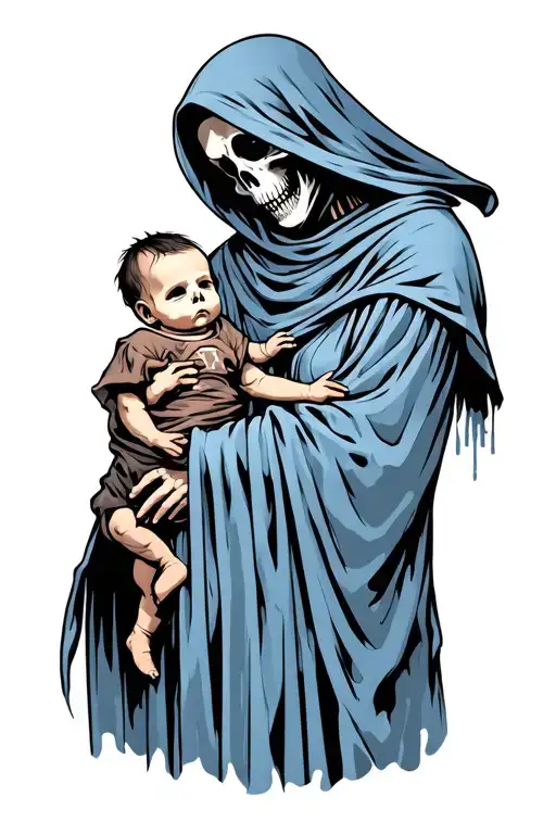 Grim Reaper With A Baby In The Left Hand Griped At The Neck