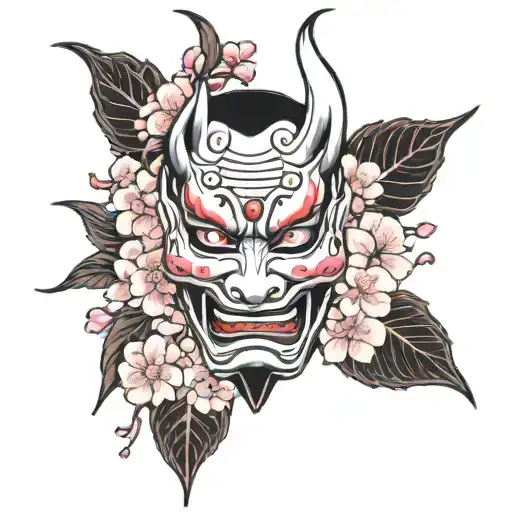 Hannya Mask And Pink Blossom Tree