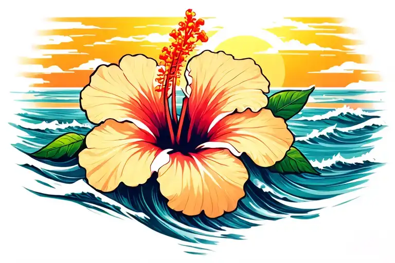 A Hibiscus Flower With Ocean Waves In The Background And A Setting Sun