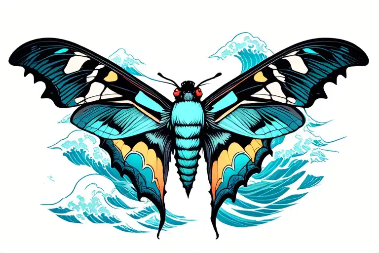 Moth Full Neck Tattoo Collaborate With Japanese Waves