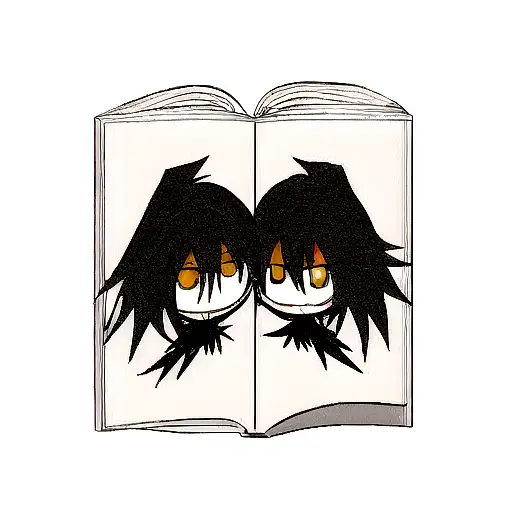 Death Note Book With L And Light Across From Eachother With Shinigami Shadow Behind Them