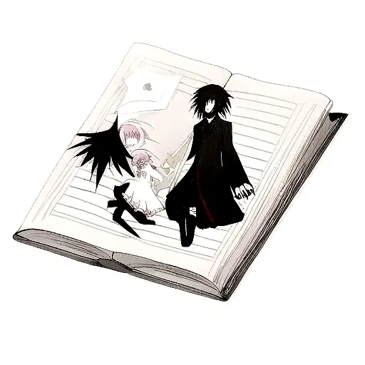 Death Note Book With L And Light Across From Eachother With Shinigami Shadow Behind Them