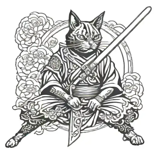Oriental Black Cat Samurai Sword Surrounded