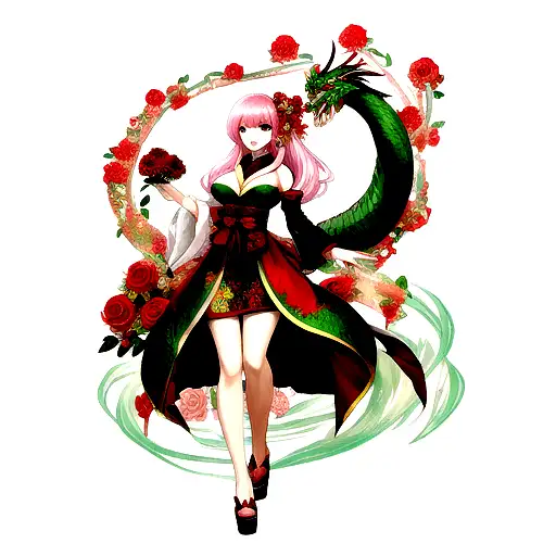 Oriental Dragon With Roses