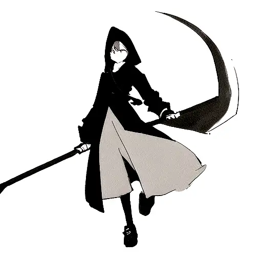 Girl With A Scythe In Her Hand With A Hood On As She Looks Side Ways