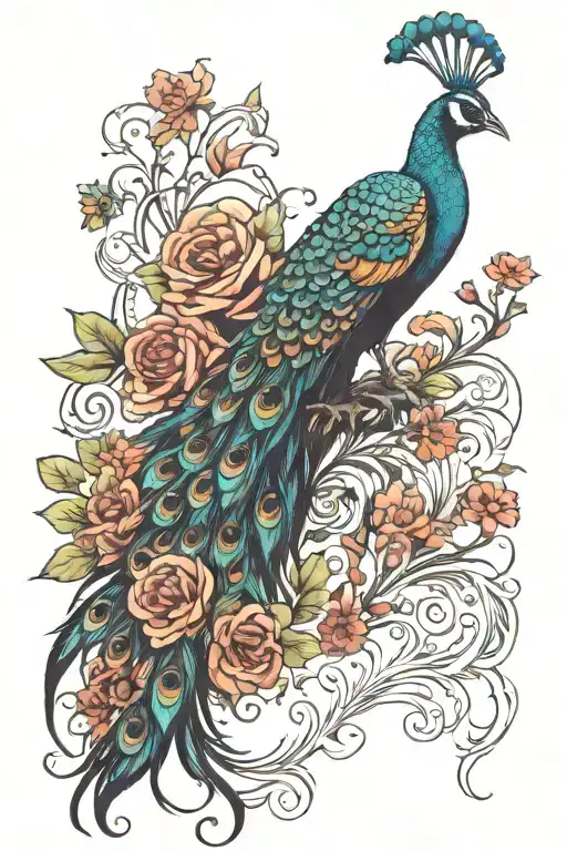 Peacock At The Top Crow Body At The Bottom With Flowers Around It