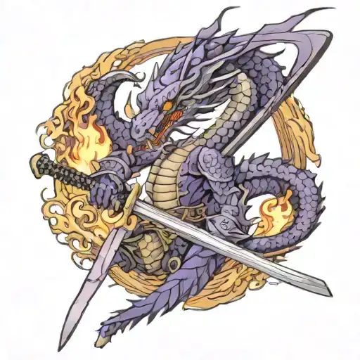 Purple Dragon With Samurai In The Background Flame Katana