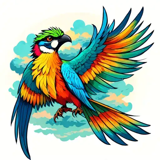 Quetzal Bird And Tecun Uman And Tikal And Volcanoes And Clouds