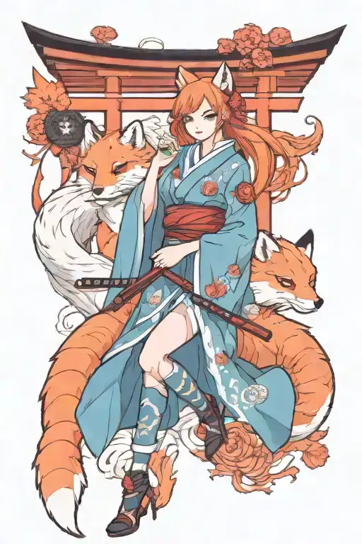 9 Tailed Fox Over A Torii And A Sensual Kitsune Girl Full Body With A Katana