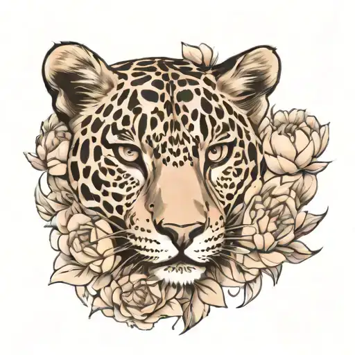 Leopard With Peonies Graphics Black And White