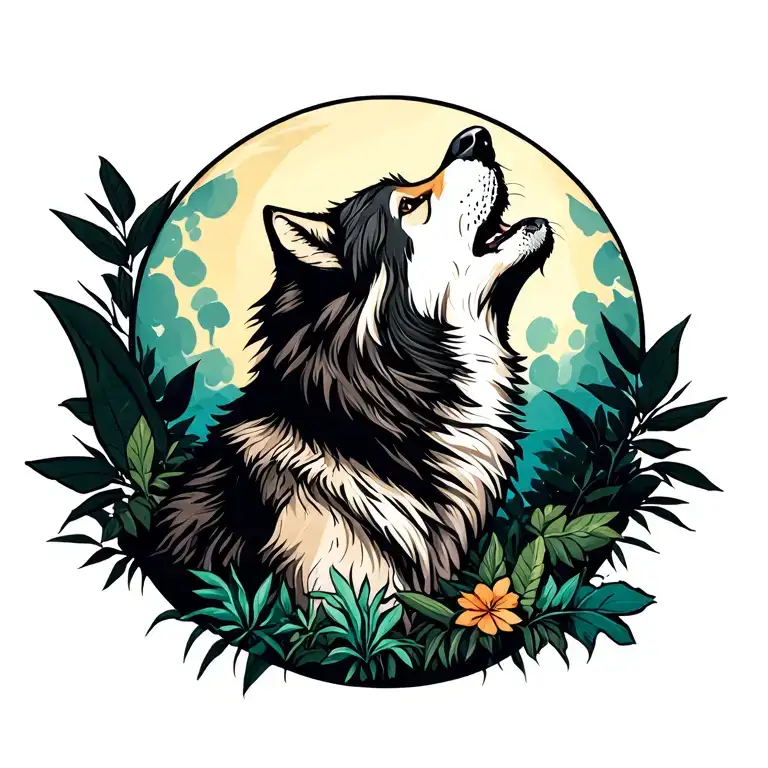 Wolf Howling At The Moon In Wild Jungle