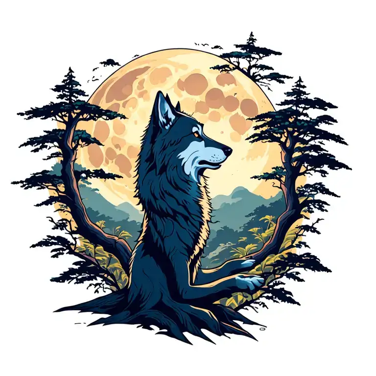 Wolf Howling At The Moon In Wild Jungle Big Tree