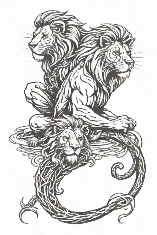 Lions Head On Top Of Man And Boy Fishing Hook Intertwined