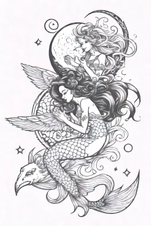 Mermaid Shell Unicorn Moon Raven Flying