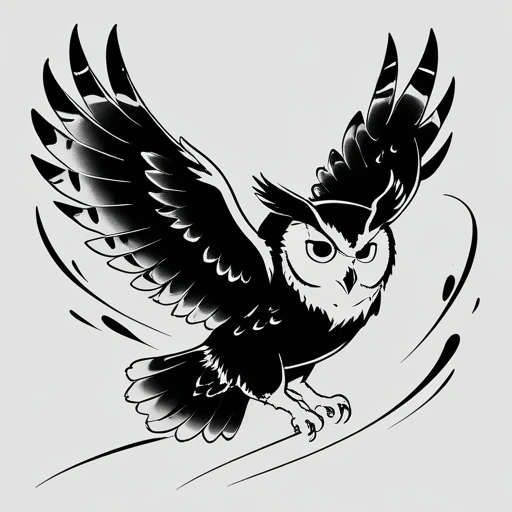 Potterian style owl flying black and white with detailed feathers Tattoo idea
