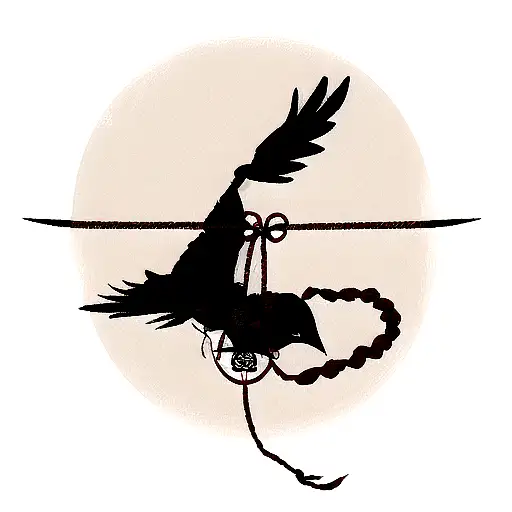 Crow With Sharingan Flying Past Akatsuki Clouds With A Kunai Knife Attached To A Red Rope