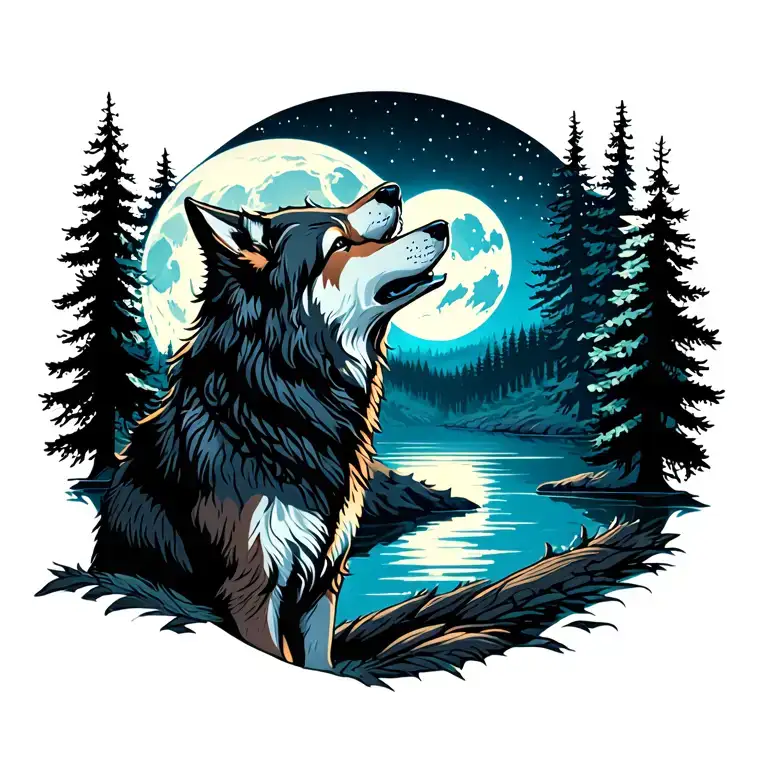 Adult Wolf Howling At The Moon In The Distance With Forest Lake Behind