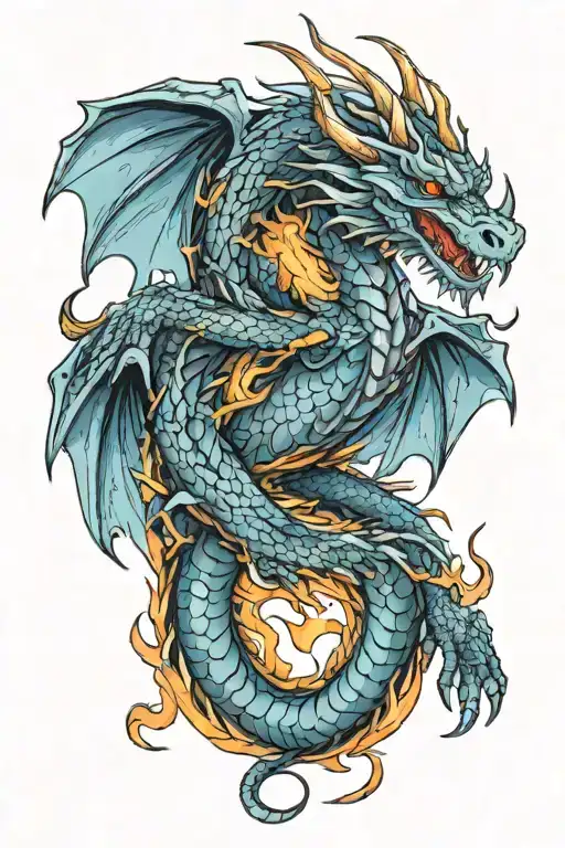 Western Dragon With Scales And Fire Outline And Has Wings And Legs With Claws