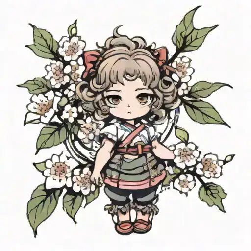 Cherry Blossom Anime Style With Little 2 Year Old Curly Girl