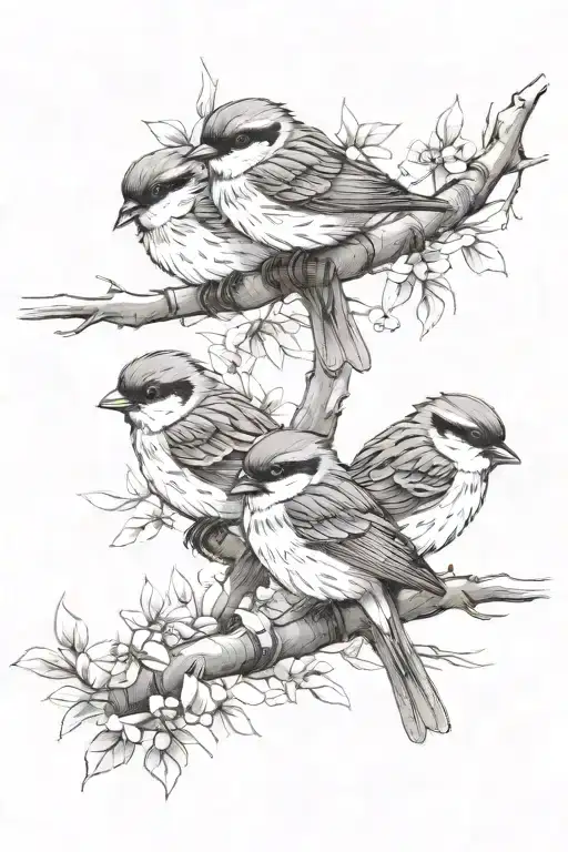 Three Sparrows On A Tree Branch Wrapped