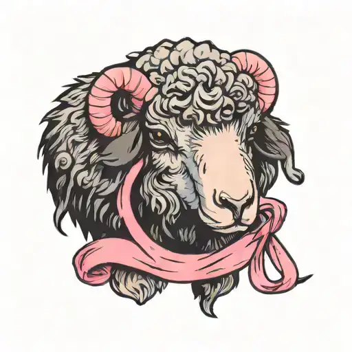 Sad Black Sheep With Pink Ribbon Tied To Its Ear