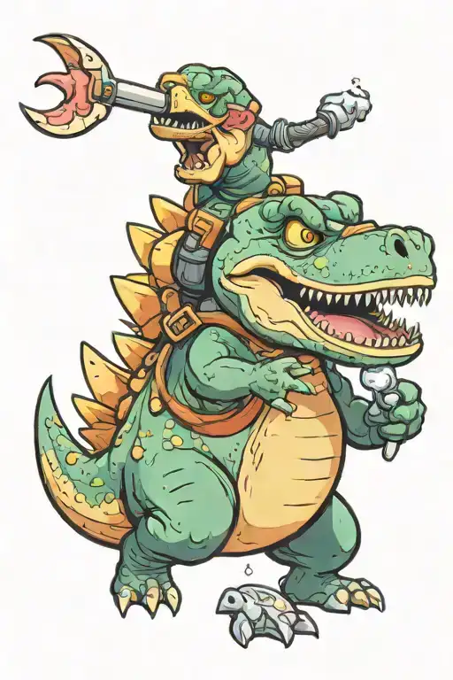 Dinosaur Holding A Lead With A Pig Holding A Rubber Duck And Has A Bone In Ts Mouth