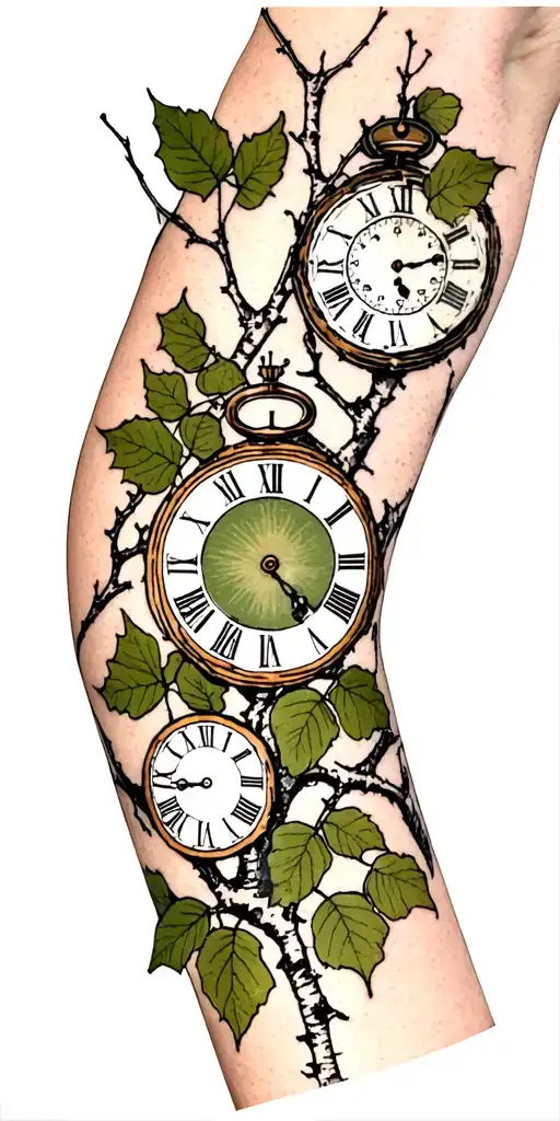 Birch Branches With Hunter Green Leaves With Only Three Clocks Integrated Into It For An Arm Sleeve