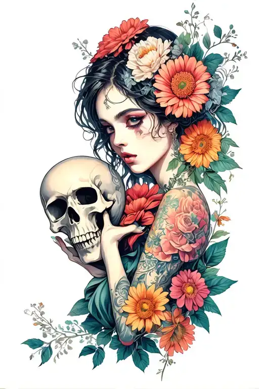 Woman With Flowers And A Skull In Her Hand