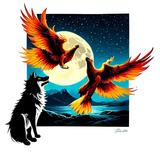 Drawing Of A Phoenix Flying Towards A Wolf Who Is Howling At The Moon