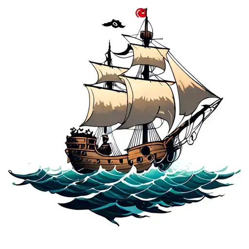 Pirate Ship Sailing Through A Sea