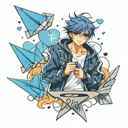 Liamm In Cursive With A Paper Airplane Surrounded By 7 Blue Hearts