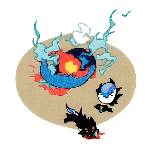 Black Dragon With Blue Breath And Another Dragon With Fire Breath With And Phoenix Egg In The Middle