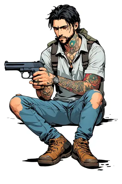 Man Sitting Down In Dark Road With Gun