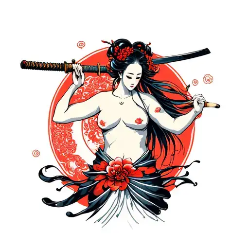 Naked Geisha From Torso Up With A Katana Going Through It