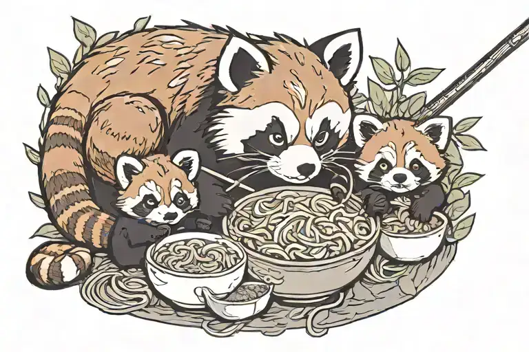 Red Panda Mother With 4 Baby Red Pandas Eating Ramen Noodles