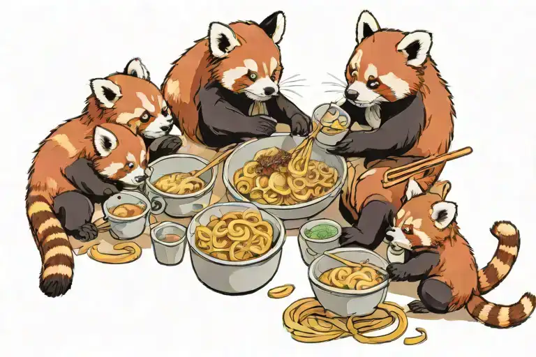 Red Panda Mother With 4 Baby Red Pandas Eating Ramen Noodles