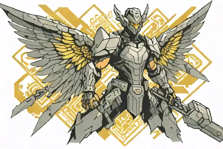 Cyberpunk Tyreal Angel Holding Sledgehammer With Wings Of Light With Digital Geometric Bacground