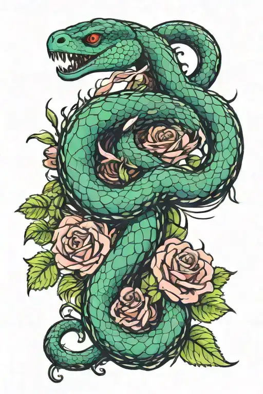 Snake Coiling Around A Bouquet Of Roses
