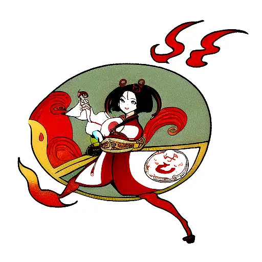 Geisha And Kitsune And Fu Dog And Chinese Coin Frog