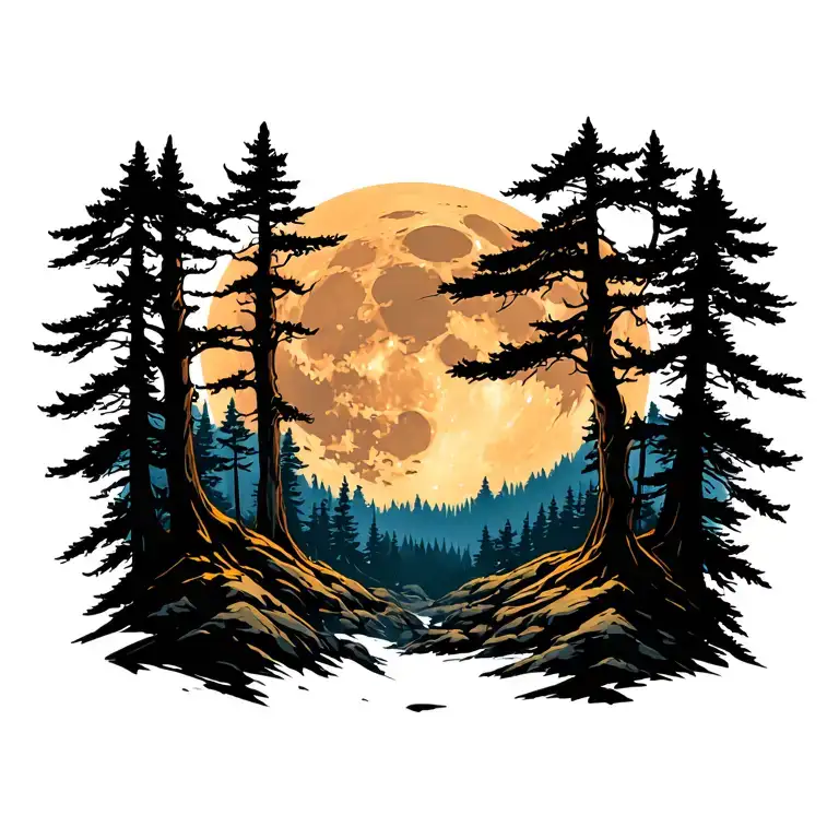 Massive Forest Landscape With Huge Moon In The Background