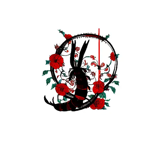 Band Tattoo Of Black Centipede With Red Flowers