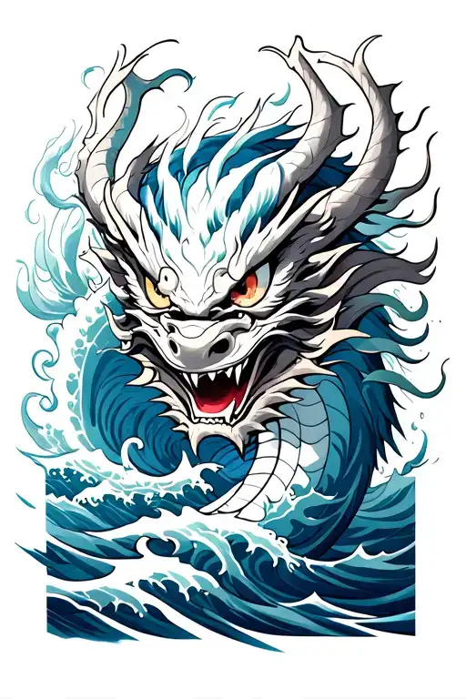 Oni Mask Surrounded By Dragon Intertwined Within Waves