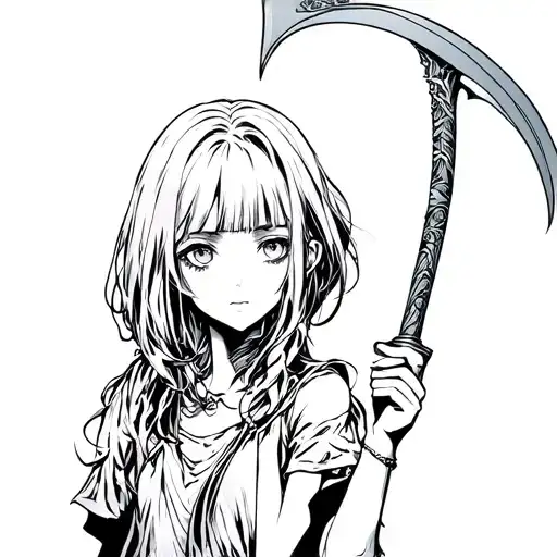 Close Up Girl Holding A Scythe In Her Hand Black And White Line Art