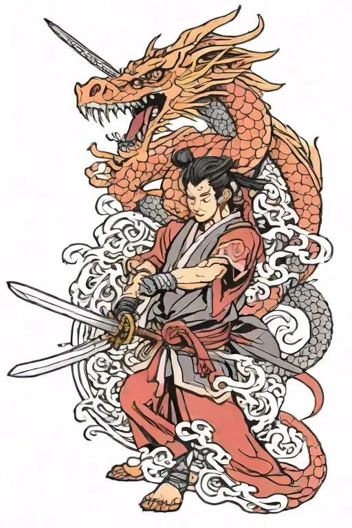 Samurai Holding A Katana Wrapped By A Dragon Intertwined