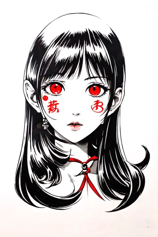 Japanese Women Face With Red Japanese Word On Eyes No Eye