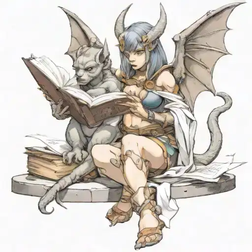 Female Gargoyle Warrior Reading With Her Baby